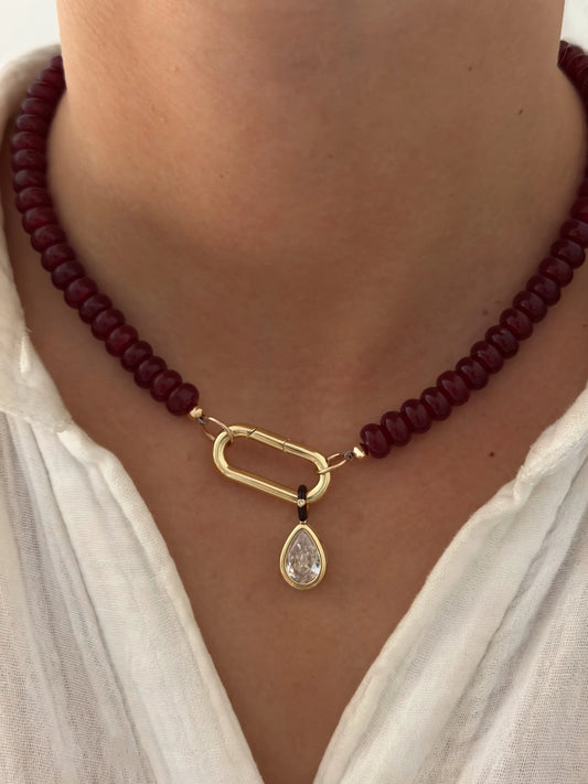 burgundy beaded toggle necklace with gold detailing