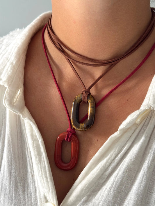 brown suede necklace with brown stone 